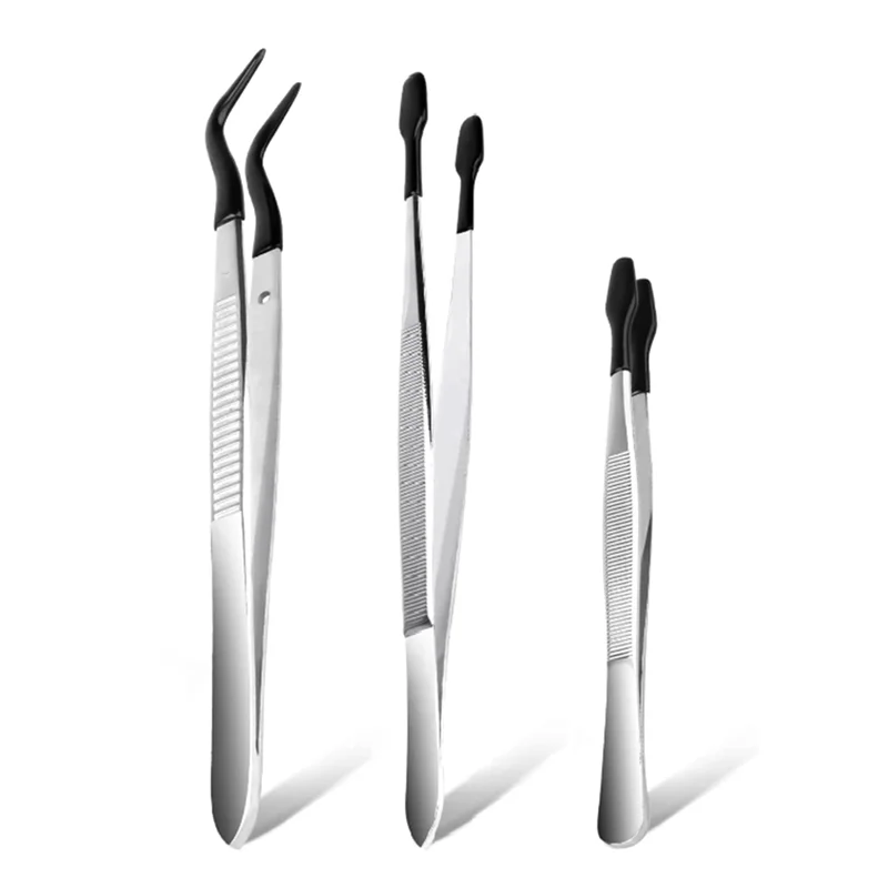 3 Pcs Tip Tweezers with Rubber, Non-Marring Silicone Tipped Tweezers Rubber Bent Tip Flat Tweezers, Lab Tweezers