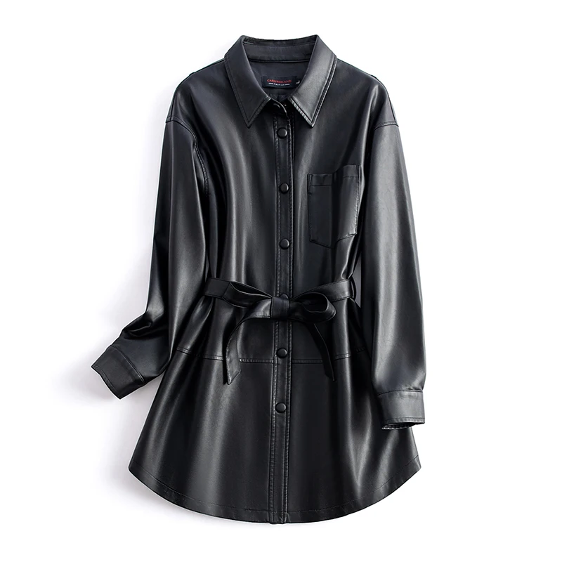 Casaco longo de couro PU preto para mulheres, jaqueta de ovelha de peito único, outwear casual coreano solto, blusa senhora, outono 2022