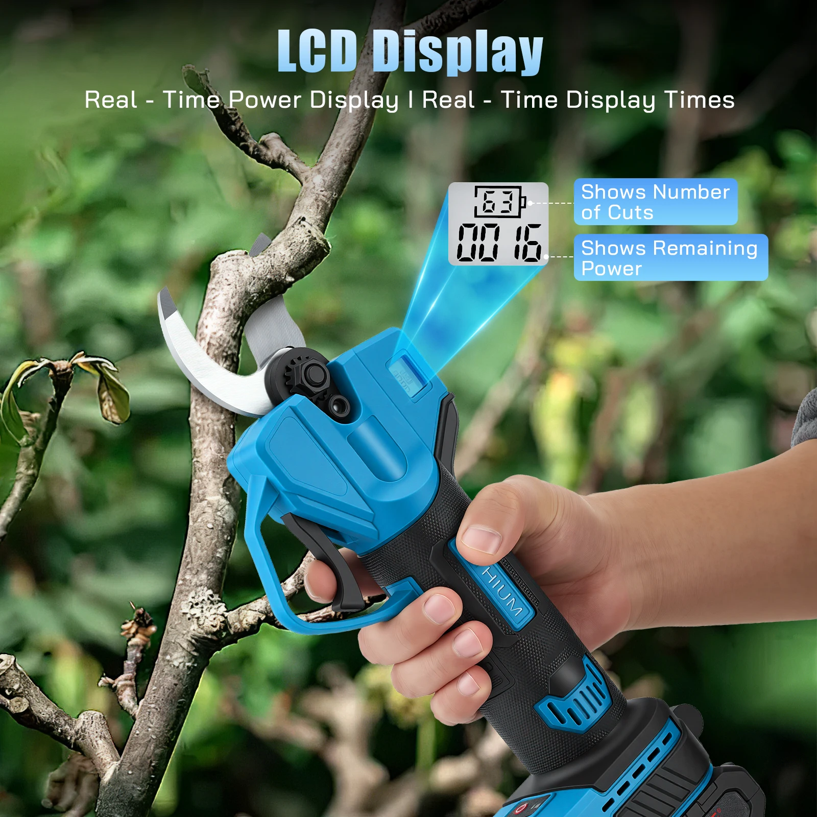 Forbici da potatura elettriche a batteria 21V con display LCD, lama in acciaio SK5, diametro di taglio 30 mm, 2 batterie ricaricabili da 2000 mAh, ideali per la potatura di rami, alberi e frutteti.