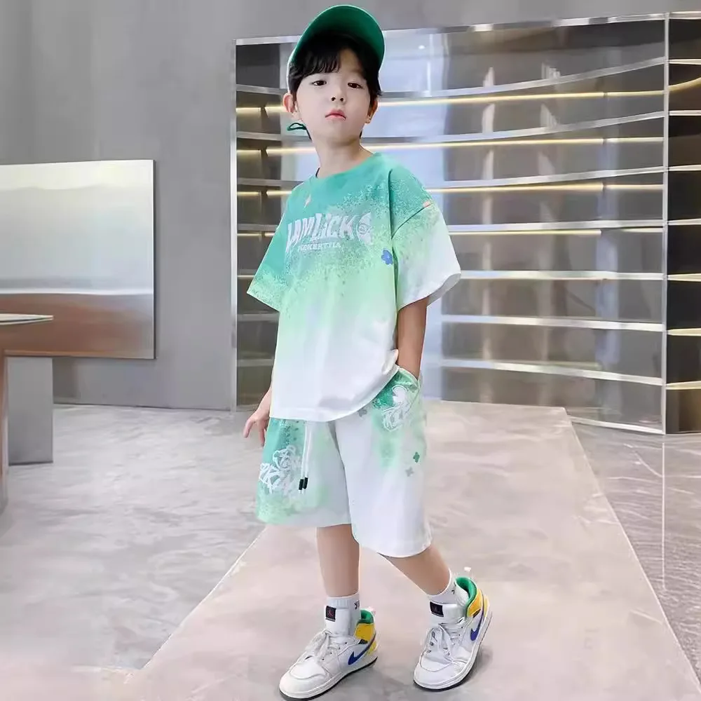 Boys Printed Summer Cotton Suit for Korean Style Children Top and Bottom Clothes Set Kids Age 5 6 7 8 9 10 11 12 13 14 Years Old