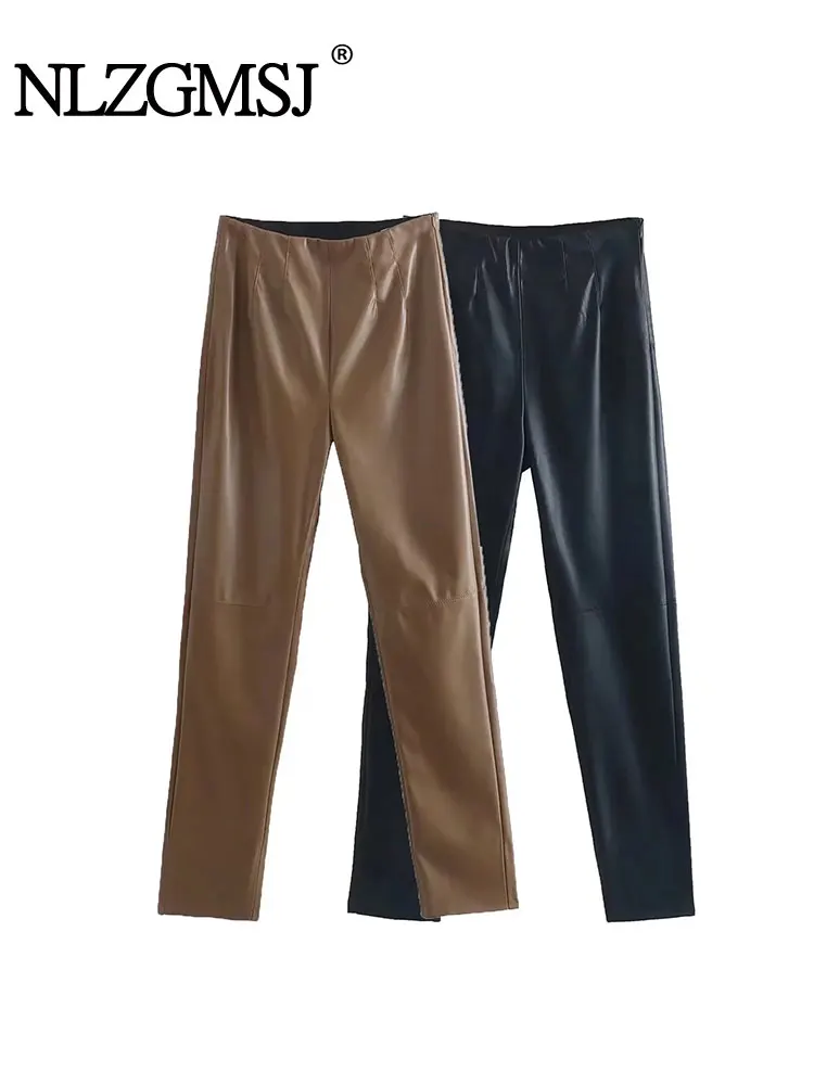 

Nlzgmsj TRAF 2023 Autumn Women Sexy High waisted Faux Leather Trousers Black And coffee PU Zippers Skinny Stretch Pencil Pants