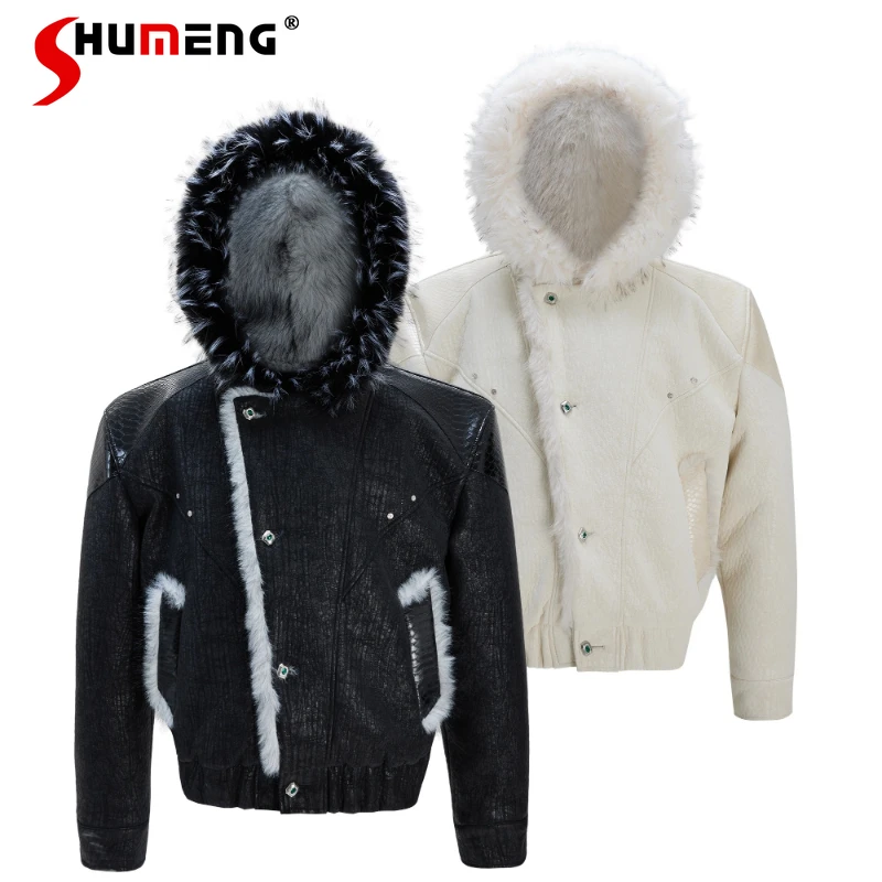 

Men's 2025 Autumn New Splicing Faux Leather Contrast Color Coats Faux Mink Fur Thickened Hooded Jackets Male Solid Color Parkas