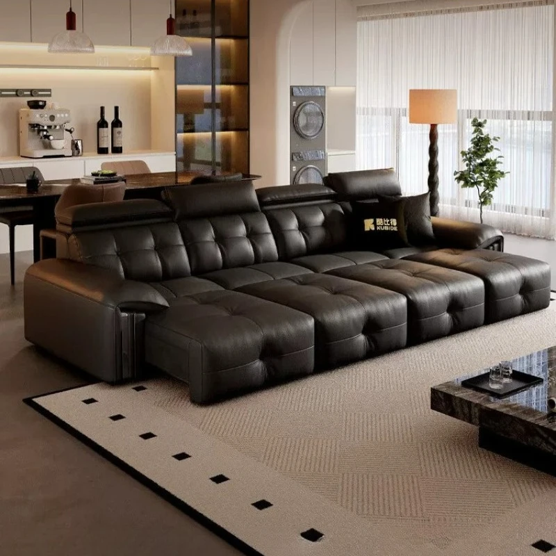 Modern Black Motorized Extendable Reclining Leather Sofa One-Touch Lay Flat 3-Seater Sectional Sleeper for Large Living Room