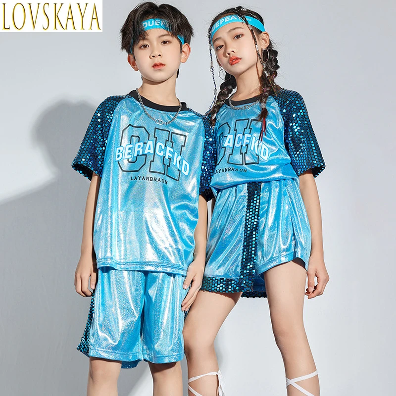 Girls Hip Hop Shine T-shirt  Street Dance Skirts Boys Tee Silver Shorts Clothes Sets Kids Jazz Outfits Child Summer Streetwear