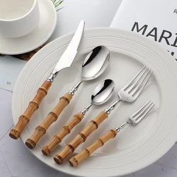 20pcs Natural Bamboo Flatware Dinnerware Set 18/10 Stainless Steel Hand Madee Bamboo Knife Fork Spoon Kitchen Cutlery