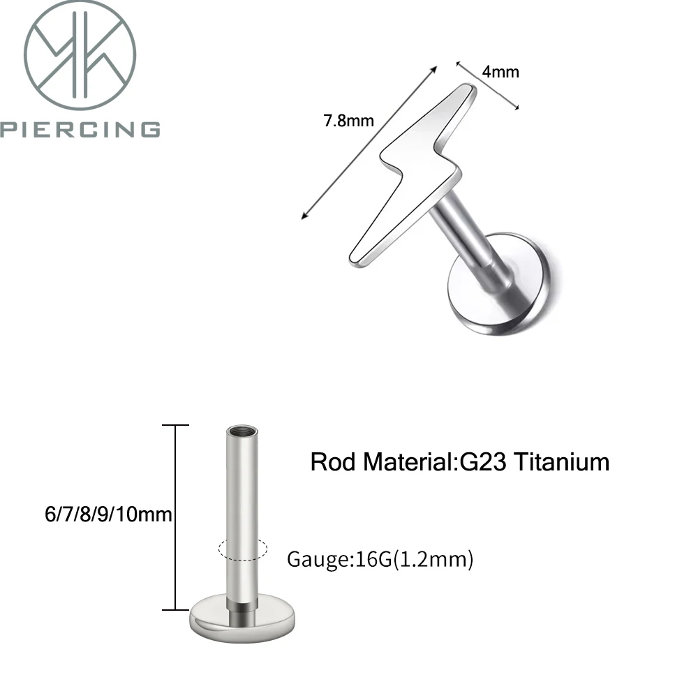 ASTM F136 التيتانيوم ثقب الأنف 16 جرام البرق مسمار ثقب الزنمة محارة الغضروف اللولب أقراط Labret مجوهرات