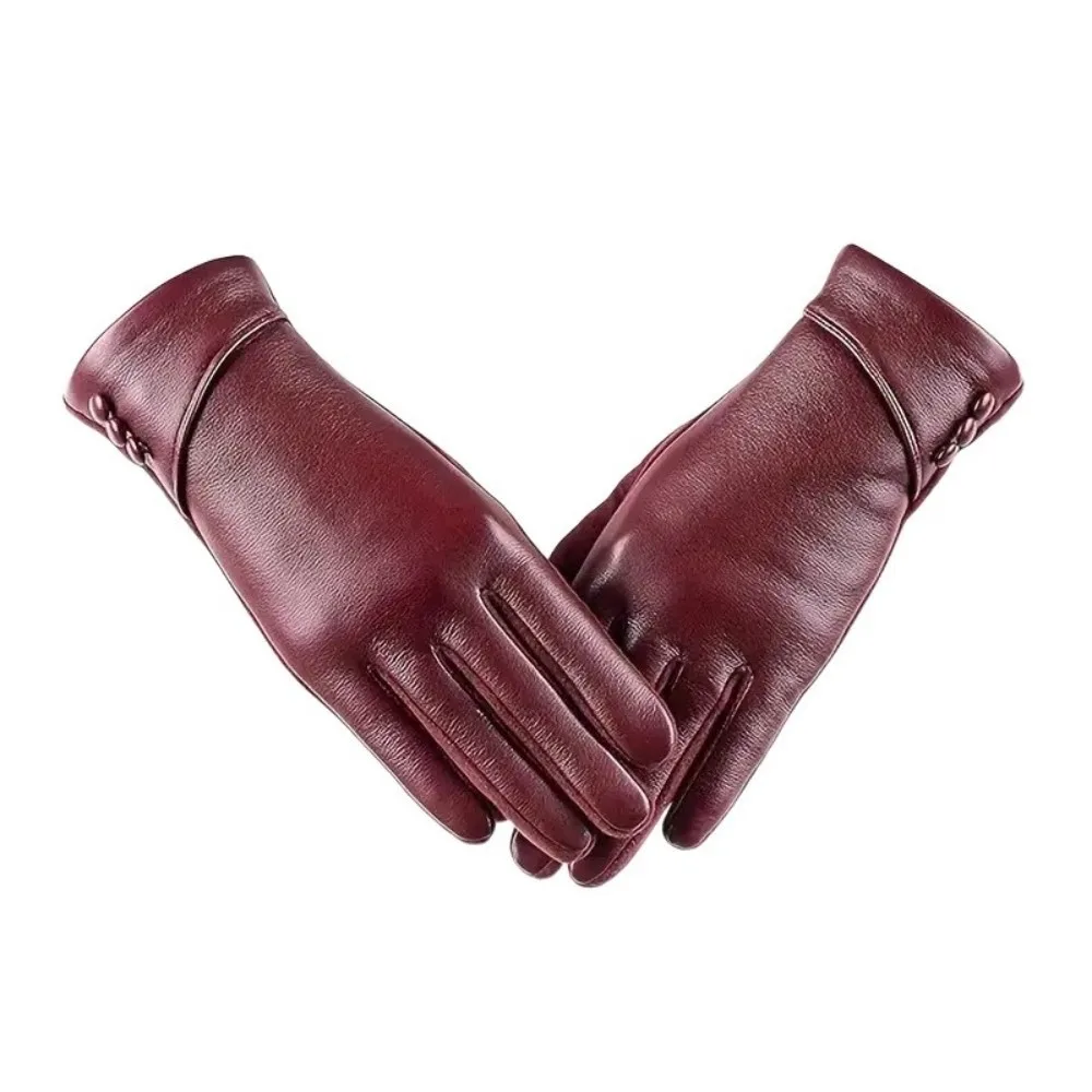 Vintage Solid Color Full Finger Mittens PU Button Women Leather Gloves Windproof Thickened Touch Screen Gloves Winter