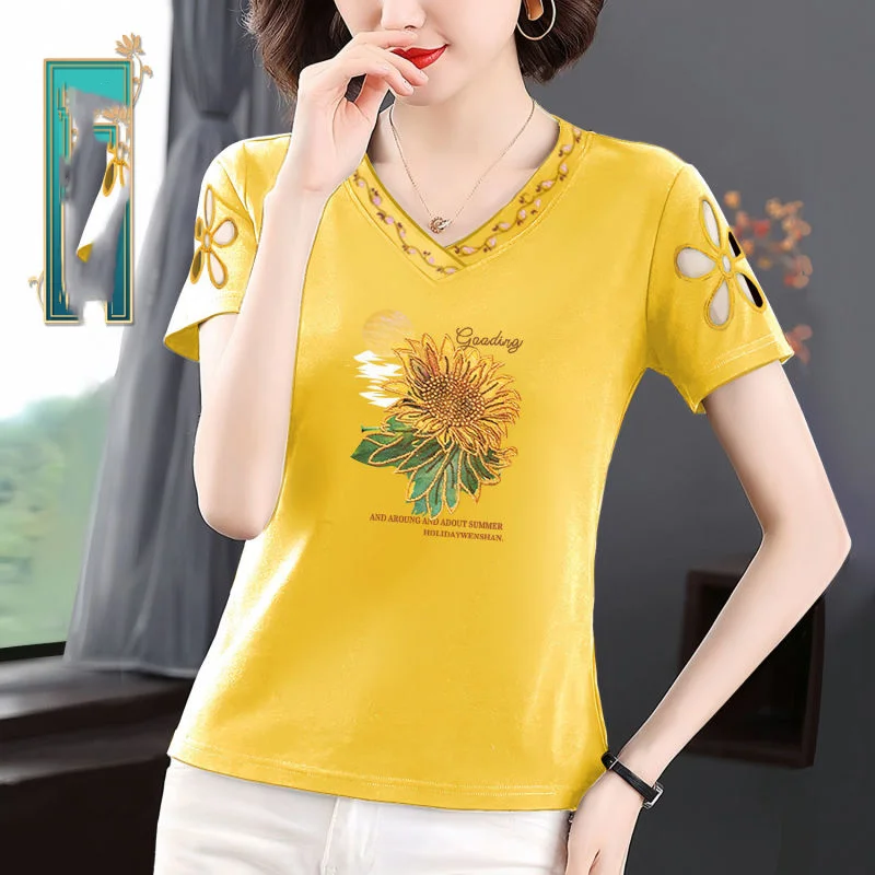 2024 Summer New Women\'s Pullovers V-Neck Hollow Out Printed Casual Short Sleeve Fashion Loose Commuter Pure Cotton T-shirt Tops