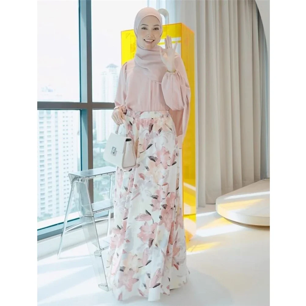 Elegant Muslim Women Floral Print High Waist A-line Skirt Turkey Arab Long Maxi Dress Medium Length Dubai Islamic Skirt Clothing