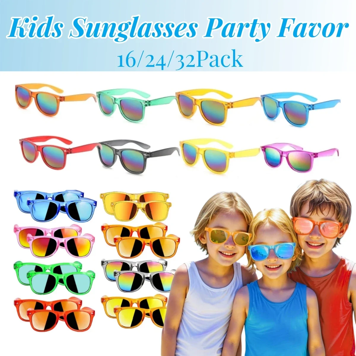 

16/24/32pcs Kids Sunglasses Bulk UV400 Sunglasses Party Favors Translucent Sunglasses for Beach Pool Party Vacation Age 3-8