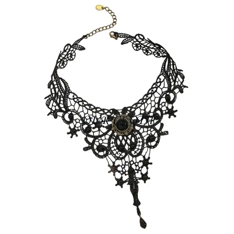 Gothic Lace Choker Naszyjnik z Crystal for Women Girls Halloween Cosplay Party Custume Vintage Gruby prezenty Choker Y1AC