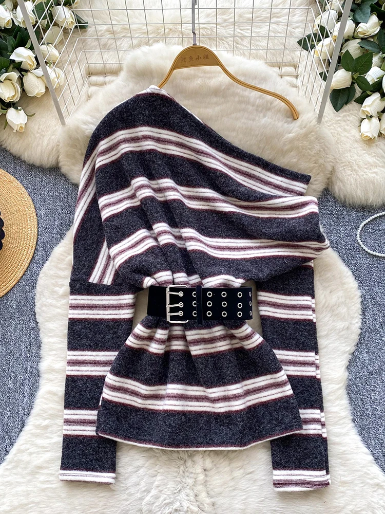 

Women Autumn Sweater Knitted Striped High Street slash Neck Long Sleeved Slim Fit sexy rregular Pullover Female Top SW028