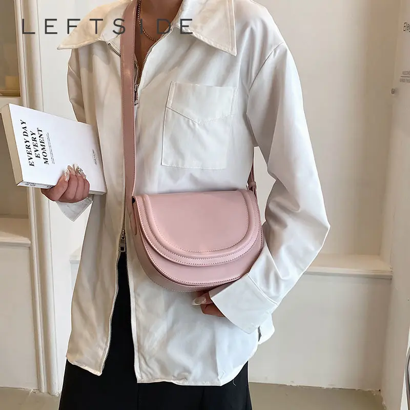 LEFTSIDE  Saddle Crossbody Bags for Women Females Candy Color Leather New 2023 Trend Fashion Solid Simple Handbags and Purses