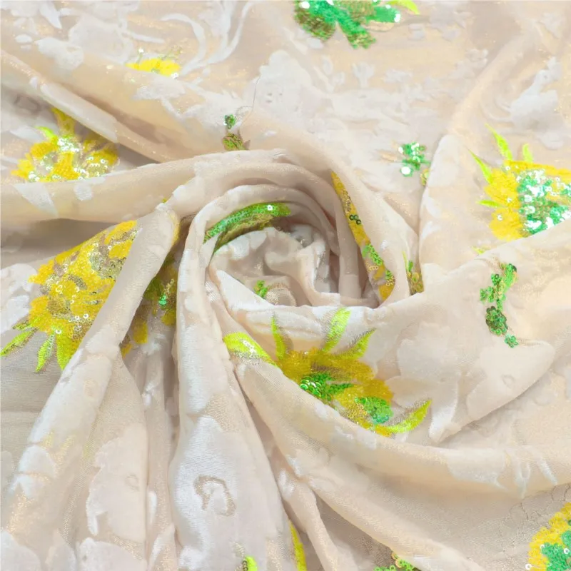 

Three-dimensional flower woven brocade velvet gold thread embroidery piece fabric sequin wedding dress evening women's