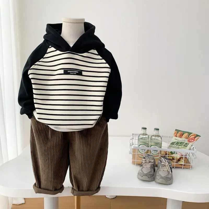 Boys Fleece Lined Hoodie Autumn Winter Kids Striped Casual Pullover Sweatshirt Toddler Warm Hooded Top