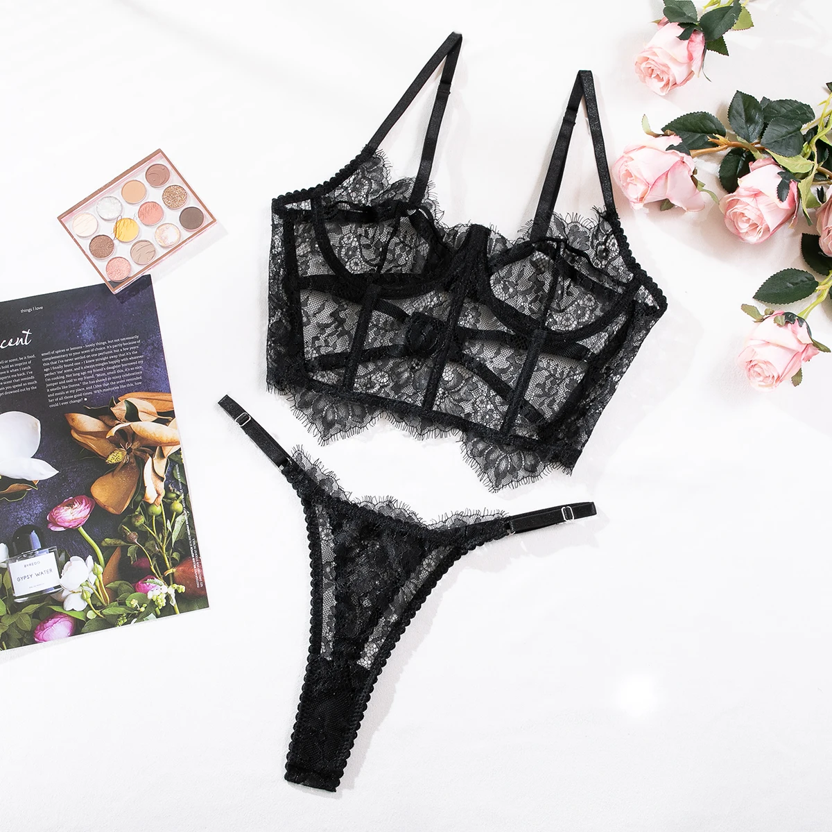 Black Eyelash Lace Corset Prolonged Bra with Thong Hollow Out Back 2pcs Floral Lingerie Sets Underbone Shaper See Through Top