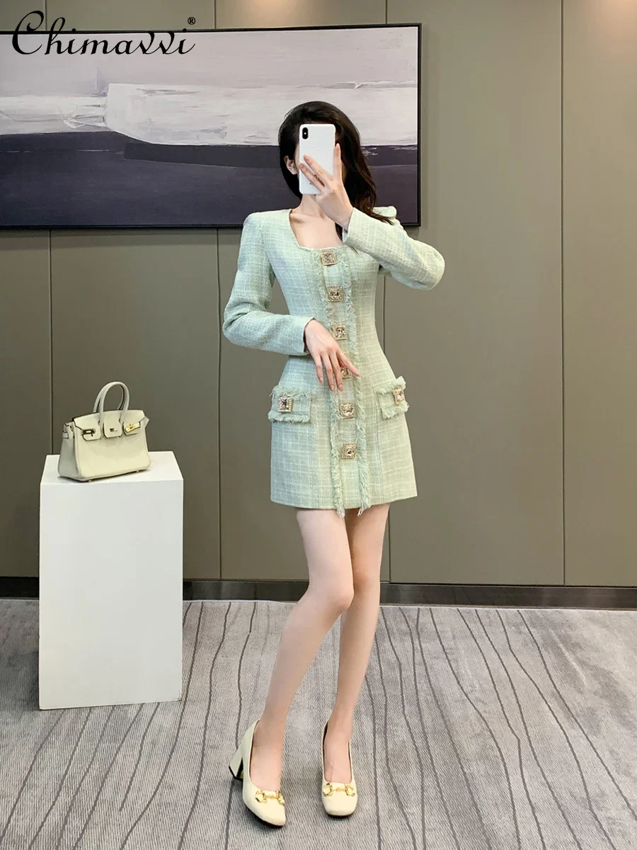 Socialite Elegant Tweed Long Sleeve Dress Women's 2024 Spring New High-End Drill Buckle Square Collar Slim-fit Woolen Dresses