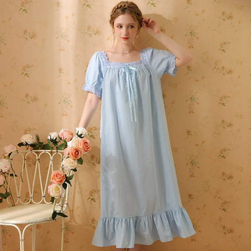 Pure Cotton Vintage Night Dress Women Short Sleeve Loose Long Robe Sexy Sleepwear Princess Nightwear Dressing Gown Nightgowns