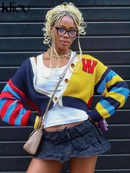 kliou Knitted Women Sweater Panelled Stripe Long Sleeve Single Breasted V-neck Crop Tops Female Crochet Fashion Street Cardigan