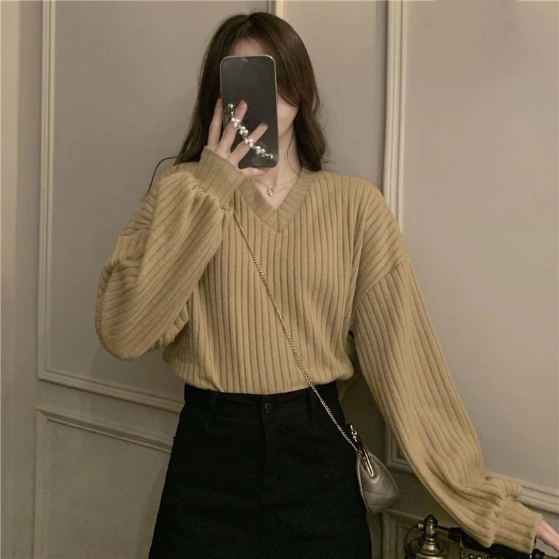 Sweat-shirt rayé pour femmes, ample, col en v, couleur unie, sweat à capuche sans chapeau, décontracté, confortable, haut pull féminin, automne