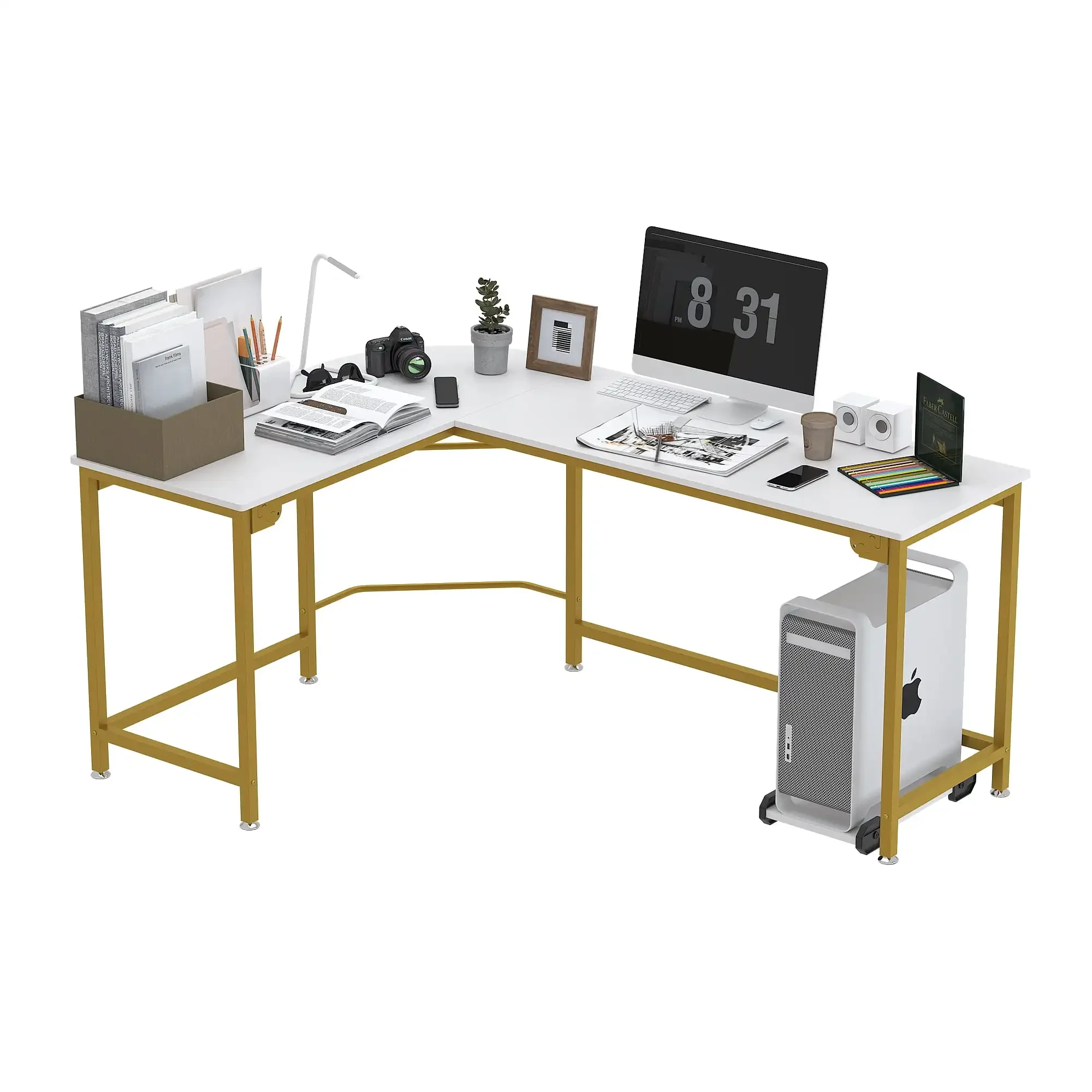 L-Shaped Corner Computer Desk Office Workstation Modern Wooden Home Study Writing Table Laptop Desk - White with Gold Frame