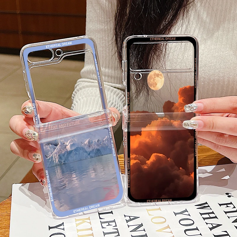 Landscape Pattern Clear Phone Case For Samsung Galaxy Z Flip 7 FE 6 5 4 3 5 Shockproof Folding Hard PC Cover For Samsung Z Flip5