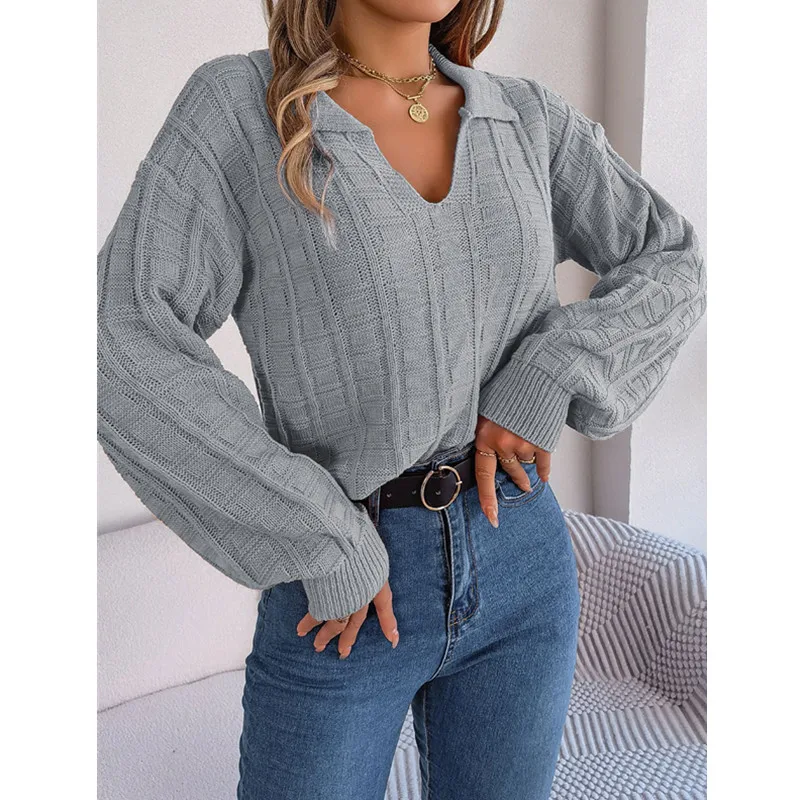 

Ladies Loose Fitting Knit Tops 2023 Autumn/Winter Casual Lapel Solid Color Plaid Long Sleeved Knitted Pullover Sweater Suéter