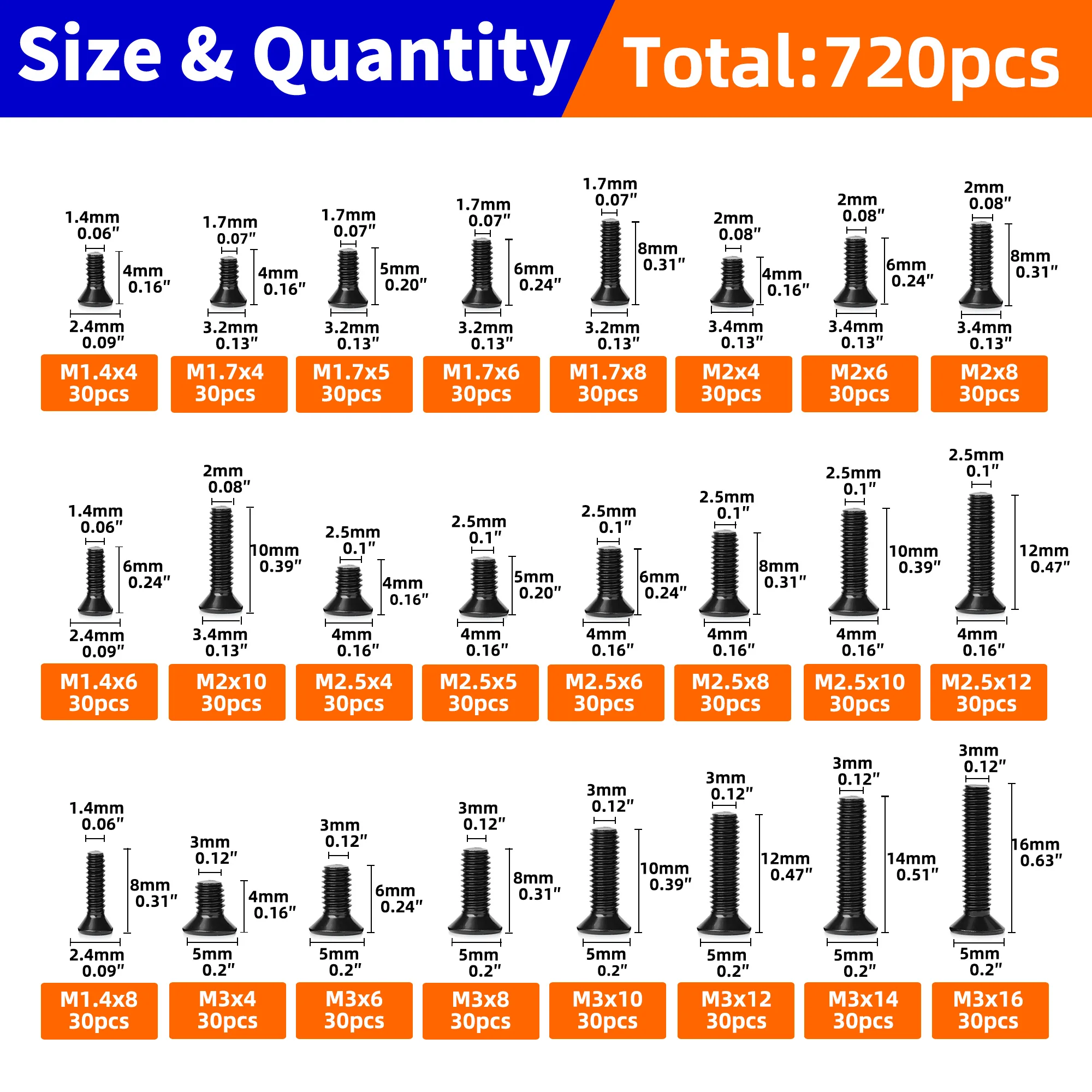 720pcs Countersunk Flat hHead Phillips Small Mini Screw Set M1.4-M3 Carbon Steel Computer Notebook Laptop Screws Kit