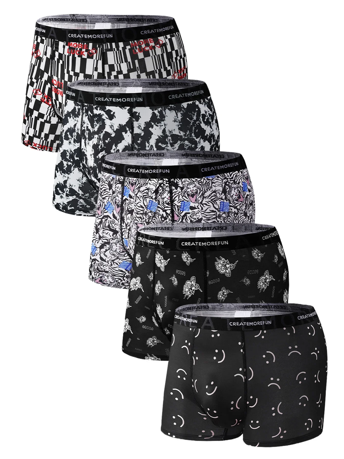 5PCS Trendy men's personalized printed four-corner pants, dark style breathable, comfortable and fashionable men's shorts
