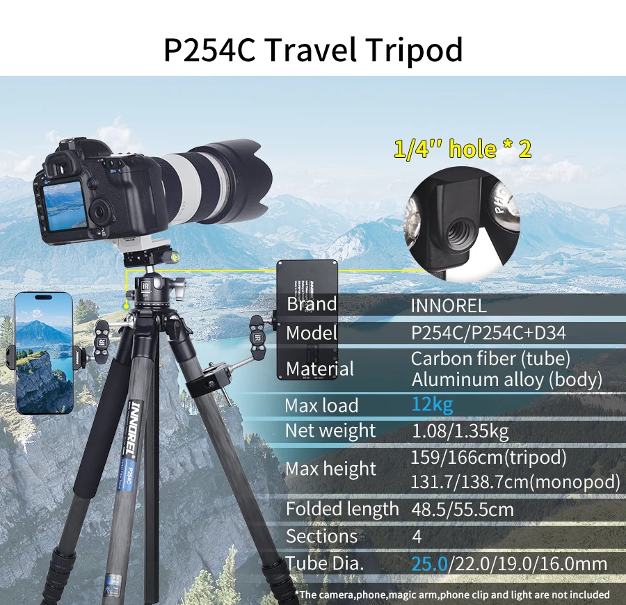 Kohlefaser-Stativ-INNOREL P254C Tragbares, kompaktes, leichtes Reisestativ und Einbeinstativ für digitale DSLR-Kameraständer, Belastung 12 kg – Detail 2