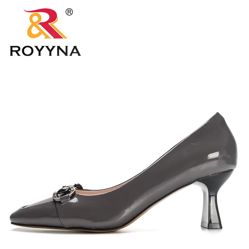 ROYYNA 2023 New Designers Square High Heels Pumps Women Patent Leather Square Toe Ladies Work Metal Decration Shoes Feminimo