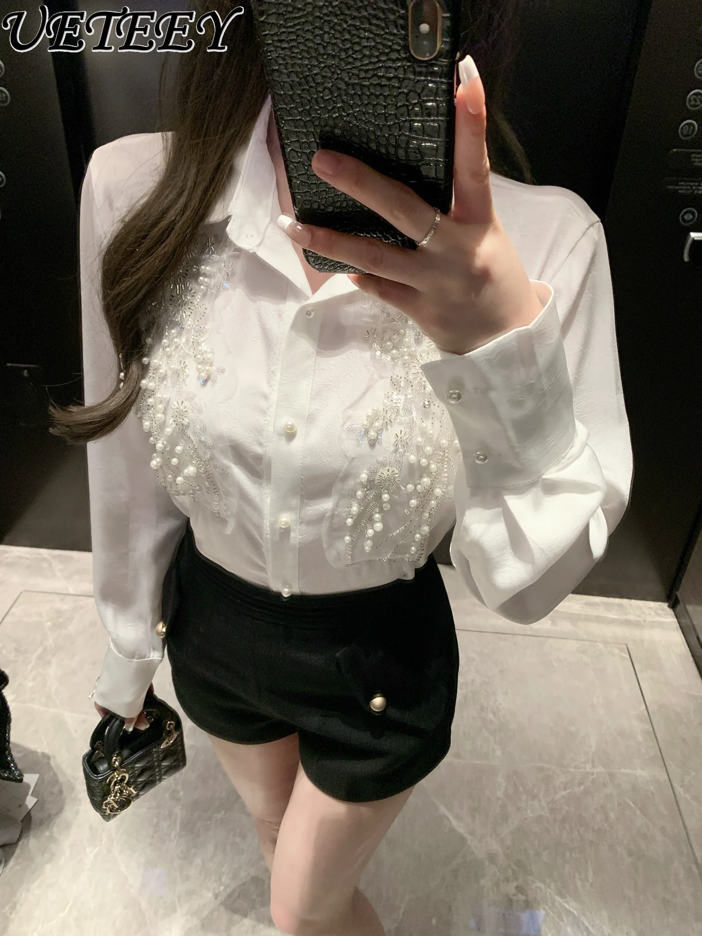 

Spring Autumn New French Style Beaded Embroidery Elegant OL White Shirt for Women Versatile Heavy Embellished Slimming Blouse