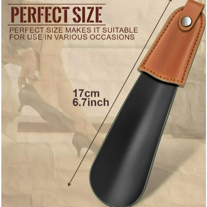 Metal Shoehorn, 6.7-Inch Leather Handle, Short Stainless Steel Shoehorn, Suitable for the Elderly and Pregnant Women.