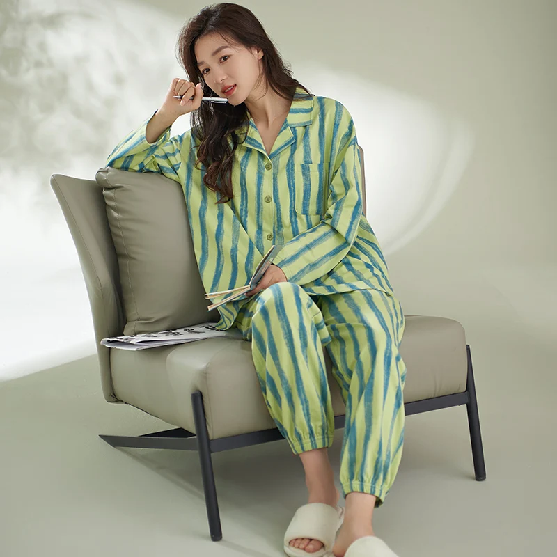 Long Sleeve Striped Pyjamas Women 95% Cotton Ladies Pajama Two Pieces Set Indoorwear Homewear Leisure Home Cloth At All Seasons