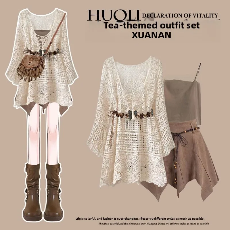 

Plus Size n Sle Tee-Piece Set Women's Summer New Meat Covering Strap Top ort Skirt Long Sve Casual Wear for plus Size