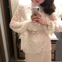 Women's Autumn and Winter New Fashion Elegant Solid Half High Neck Lace Tulle Korean Edition Versatile Long Sleeve Slim Fit Tops