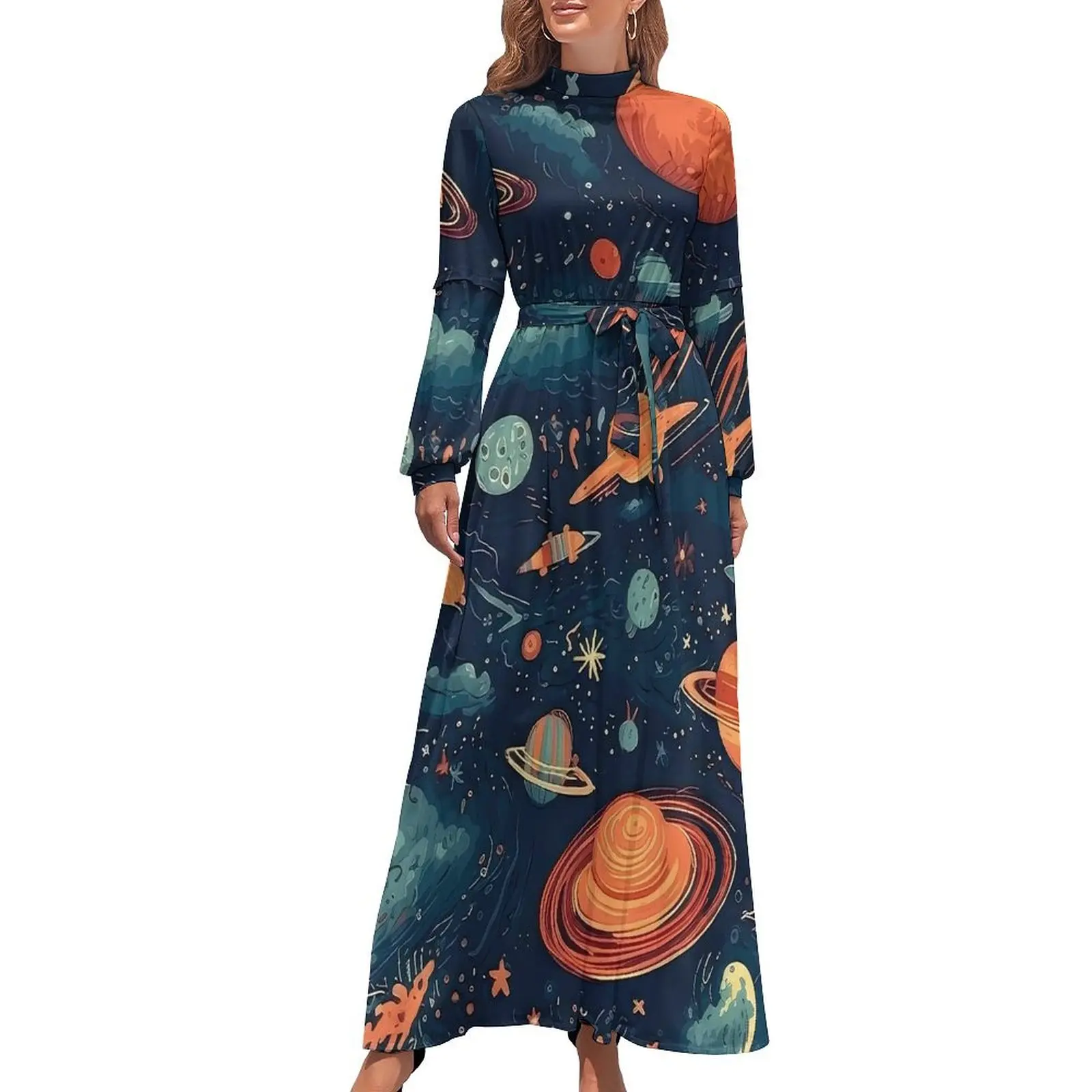 

Space Sketch Dress Cute Planets Stars Elegant Custom Maxi Dress High Waist Long Sleeve Street Wear Boho Beach Long Dresses