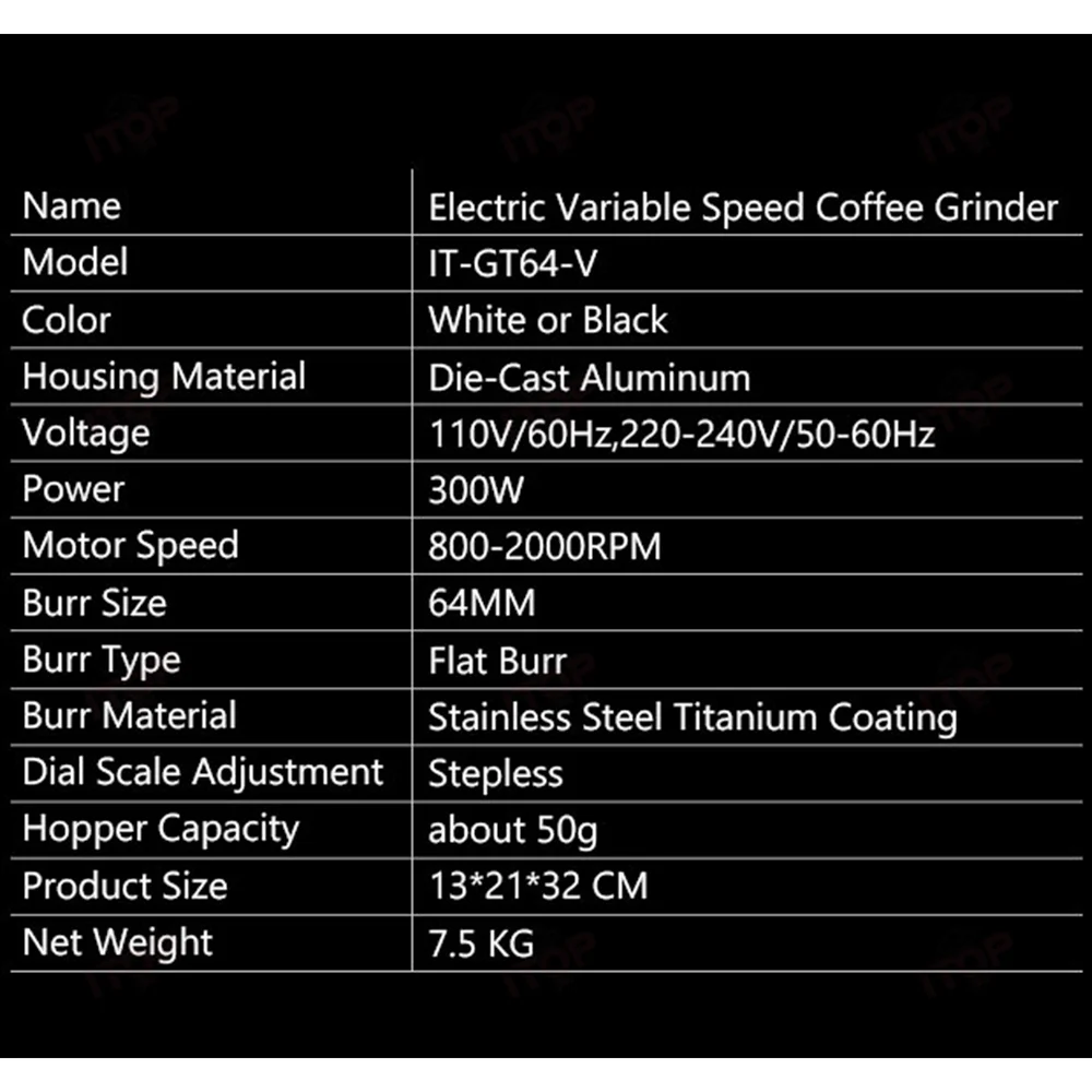 ITOP 64mm Kávé Daráló Titán Fülkagyló Alkalmazkodó m sebesség 1400r/m 300W SEO/ Eszpresszó Kávé Daráló stepless Alkalmazkodás