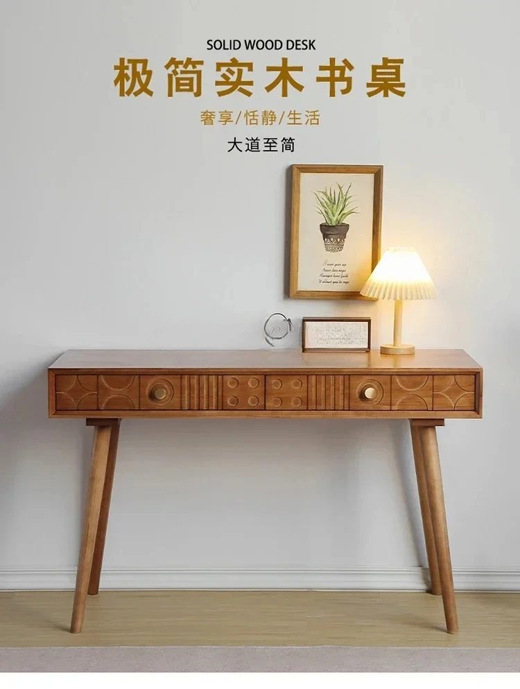 

Nordic Wood Carved Drawer Desk Study Table Retro Style Dresser Home Computer Desk