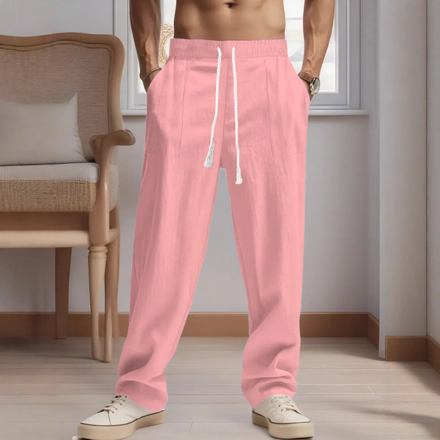 봄과 가을을 위한 새로운 남성용 중국식 단색 면 및 린넨 바지, 여러 개의 포켓 조임끈 디자인