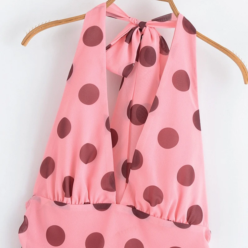 Holiday Backless Vintage Beach Party Dress for Women 2025 Summer New Women's Fashion Simple Hanging Neck Wave Dot Long Dress