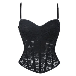 Women Lace Floral Corset Top Sexy Black Mesh Transparent Bra Side Zip Bustier Vest Gothic Spaghetti Strap Embroidery Party Camis