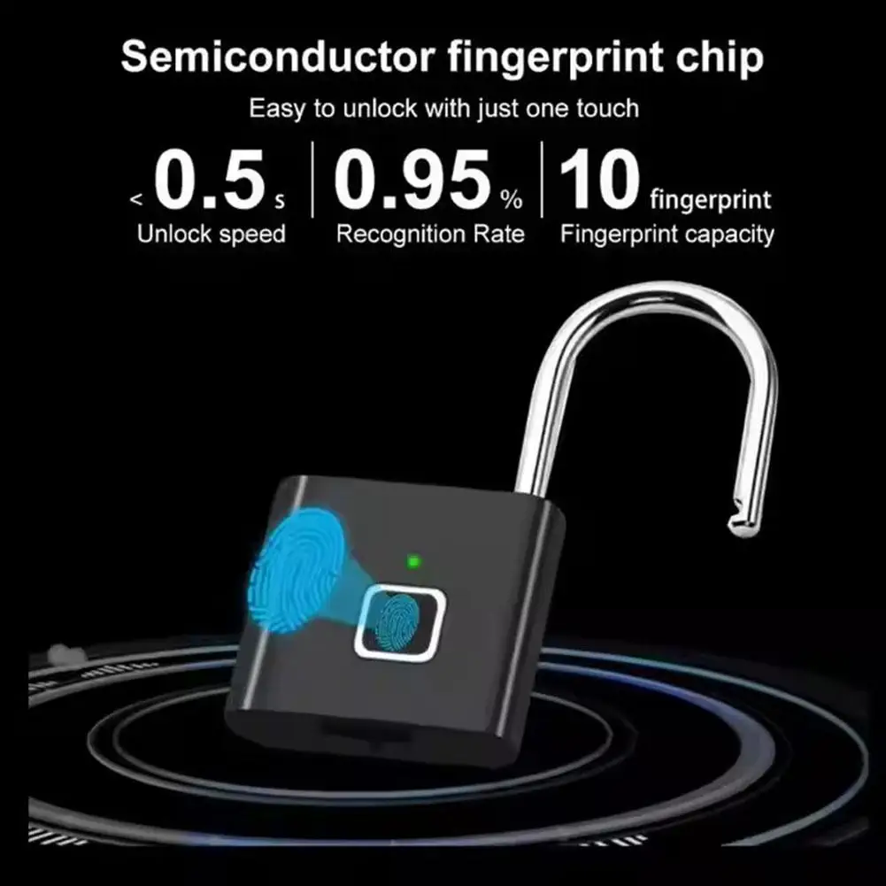 Smart Fingerprint Padlock Outdoor Waterproof Portable Charging Anti-Theft Digital Security Fingerprint Keyless USB Lock Pad P0R4 image 3