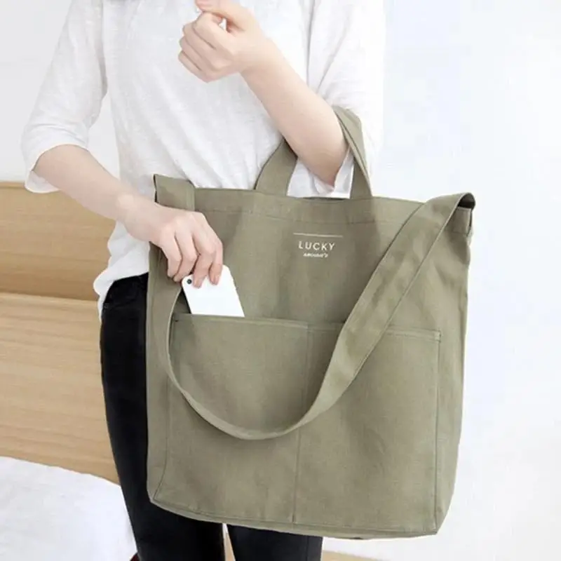 Large Green Canvas Shoulder Tote Bag Multi Outer Pockets Roomy Durable Bag for Work Commute Daily Grocery Shopping