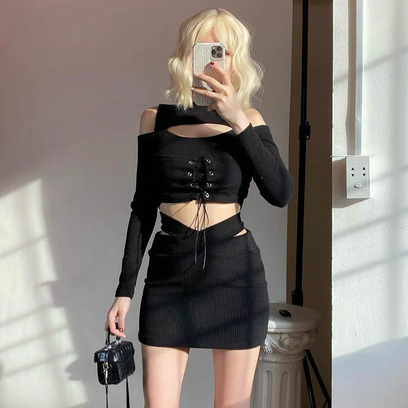 

Women T-shirts Hollow Out Off The Shoulder Slim Fit Knitted Crop Tops Long Sleeved T-shirt & Cross High Waist And Hip Skirt