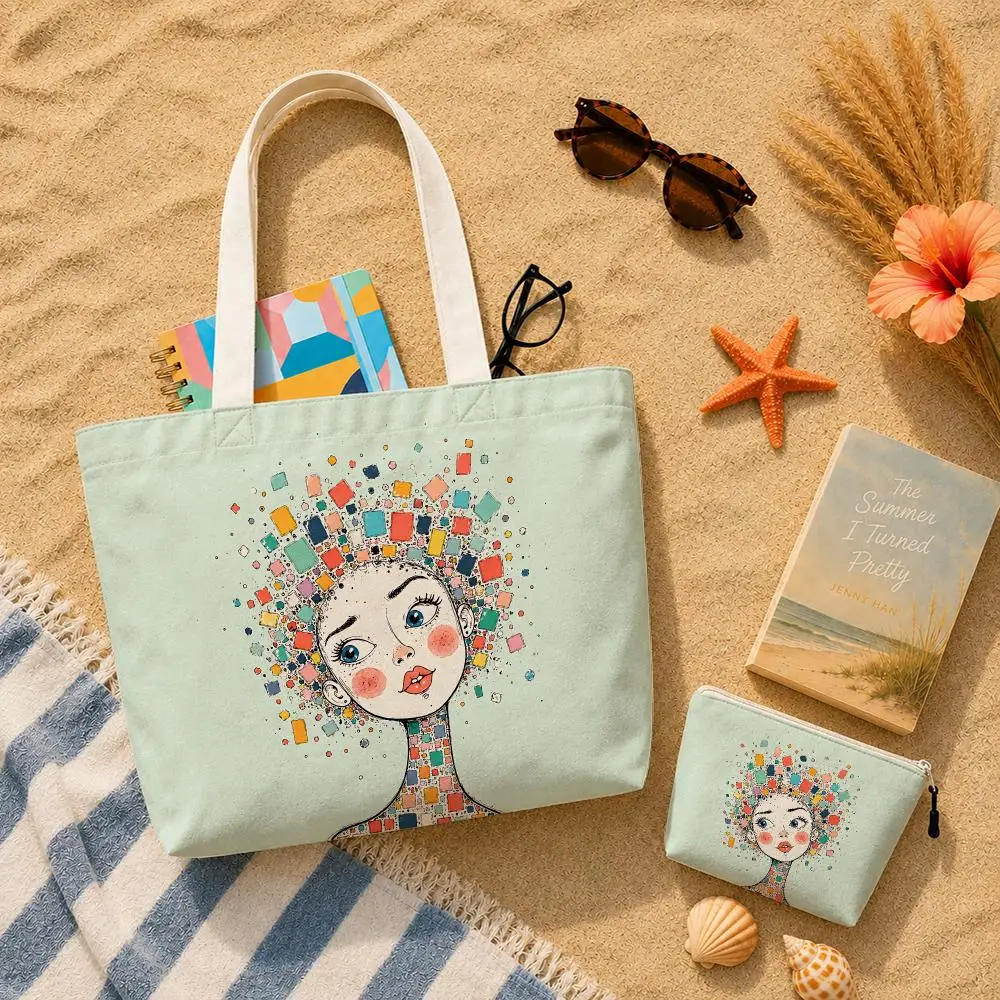 Colorful Mosaic Face Storage Bags 2-Piece Women's Canvas Zipper Large Capacity Reusable Daily Commute Shopping&Gift