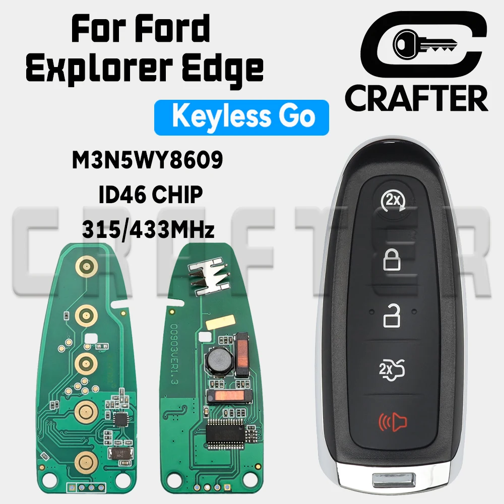 

Key Crafters Smart Card Key M3N5WY8609 315/433MHz ID46 CHIP For Ford Explorer Edge Flex C-max Taurus Smart Control Key Replace