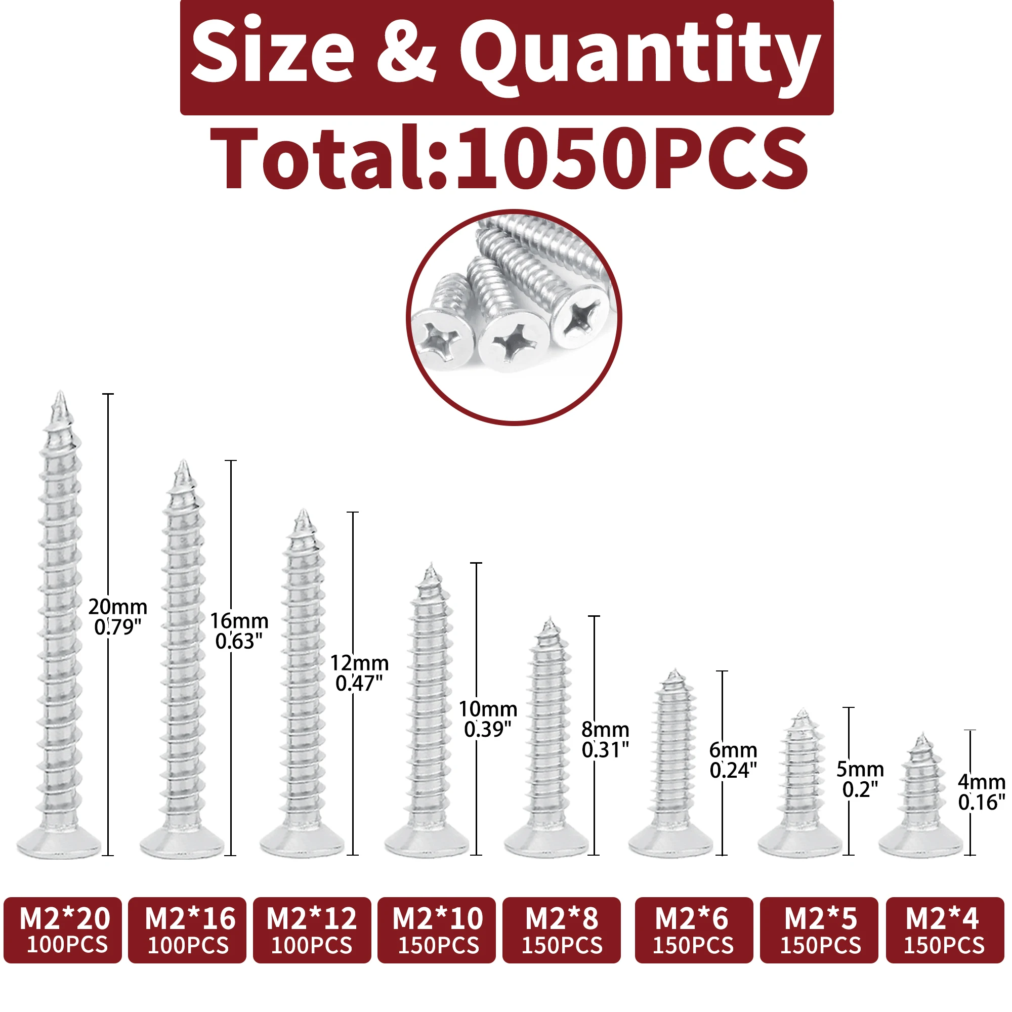 1050 Pcs kit High strength flat head screw classification kit crosshead screw combination of iron