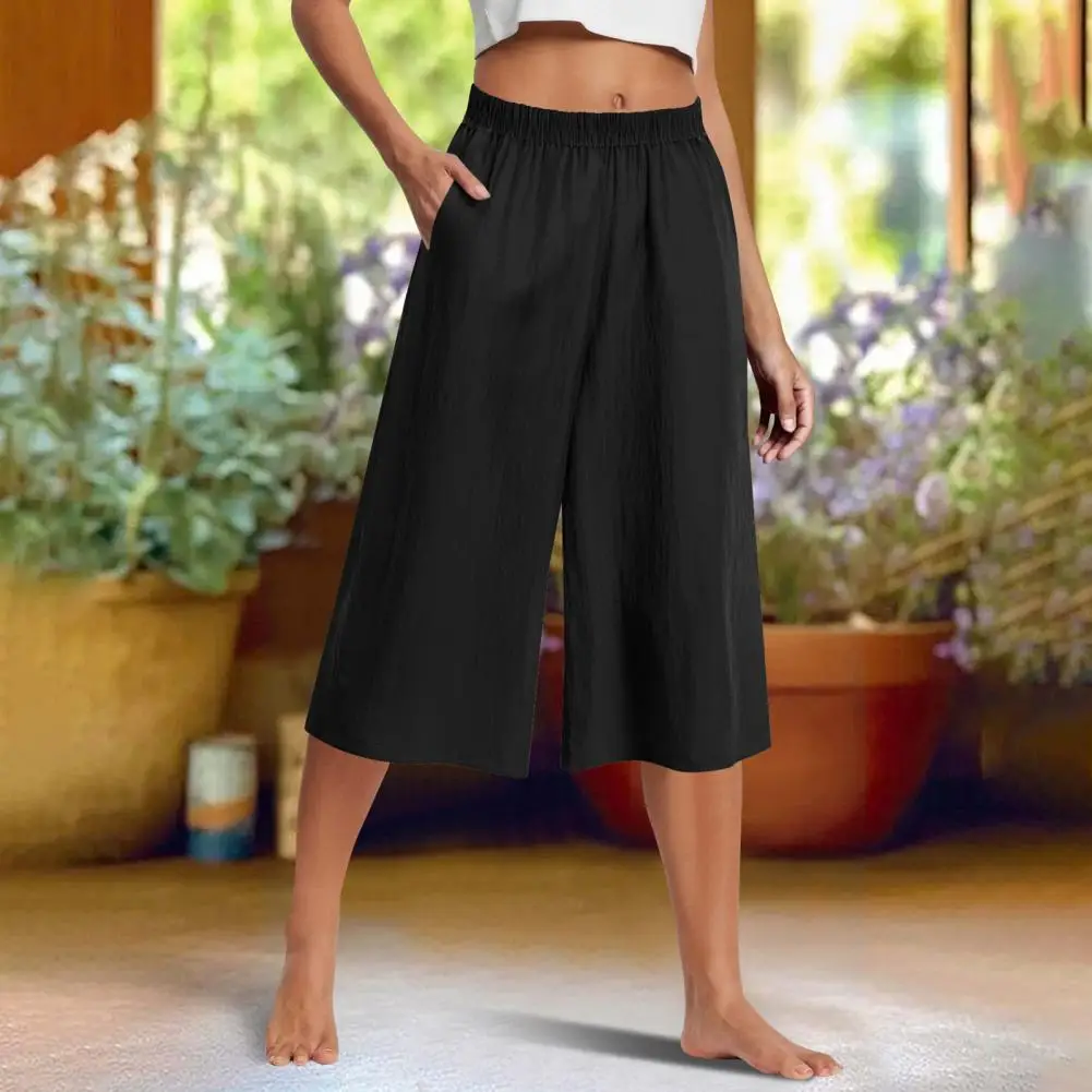 Women Cropped Pants Elastic High Waist Straight Wide Leg Casual Trousers with Pockets Solid Color Casual Commuting Trousers