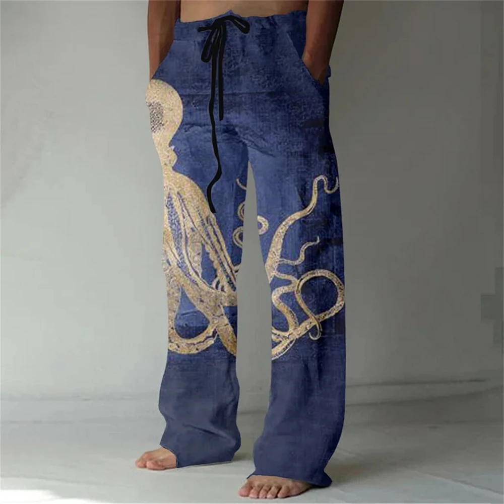 Casual men's Octopus Print Linen Blend Casual pants Men's baggy stylish pocket drawstring sweatpants